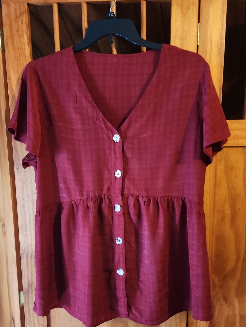 Burgundy Button-Front Peplum Top